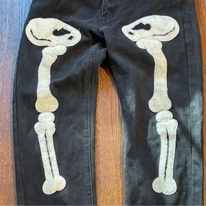 Size 30 Black Denim Raised Fuzzy Leg Bones Pants Halloween